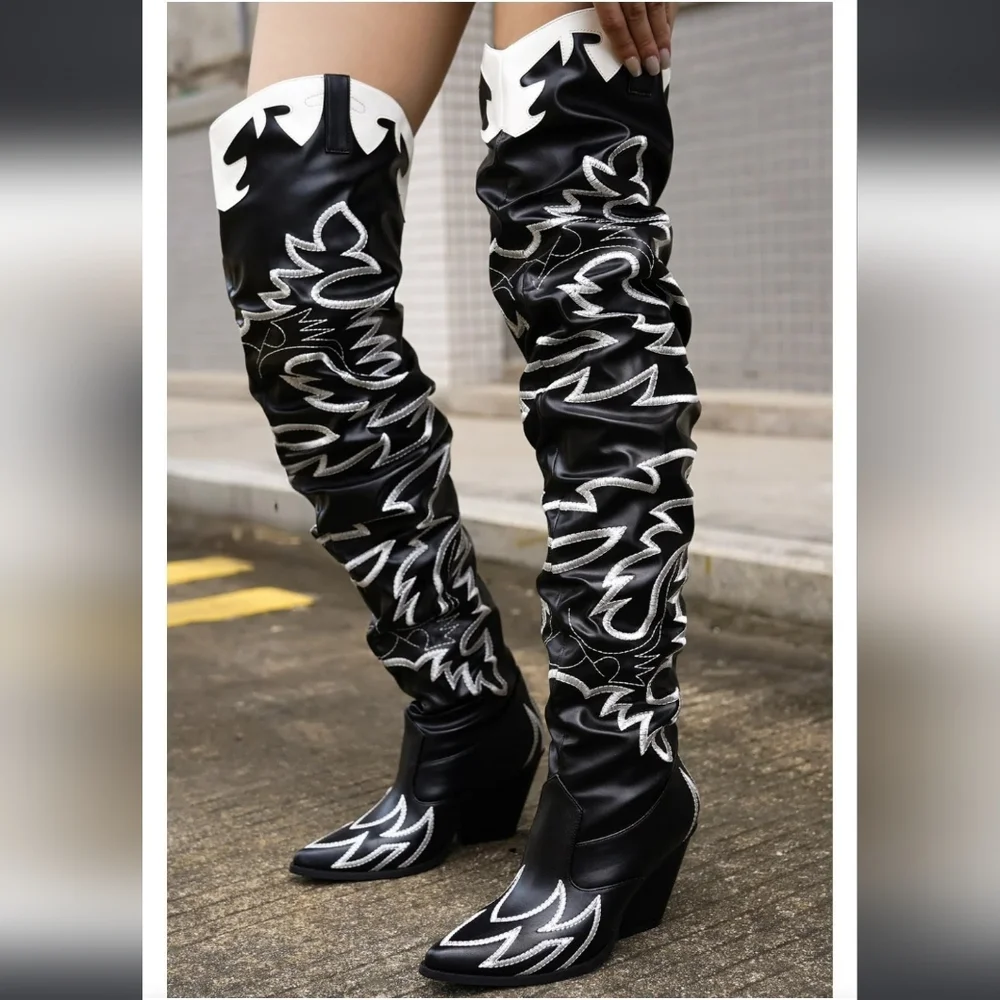 Cape Robbin Kelsey Thigh High Over The Knee Cowboy Boots Blk & White New Size 6